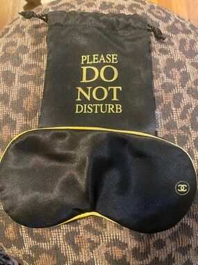 CHANEL Black Satin Sleep Mask with Yellow Trim and Pouch
